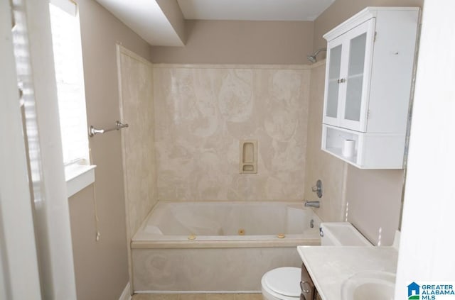 full bathroom with toilet, vanity, and shower / bath combination