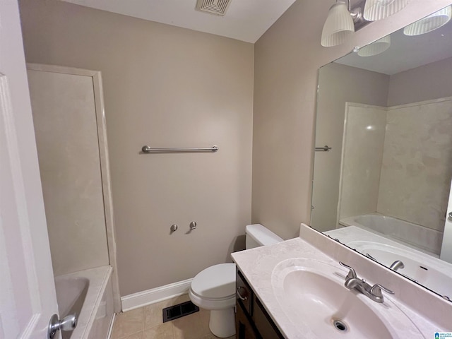 full bathroom featuring toilet, shower / bathing tub combination, tile patterned floors, and vanity