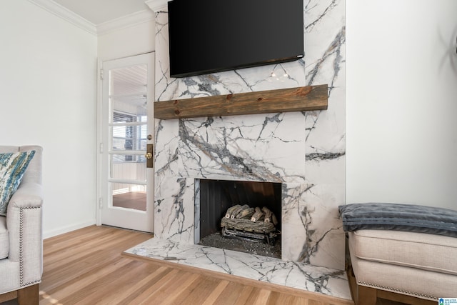 room details with ornamental molding, a premium fireplace, and hardwood / wood-style flooring