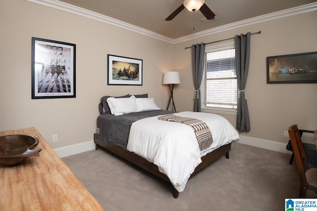 bedroom featuring ceiling fan, carpet, and crown molding