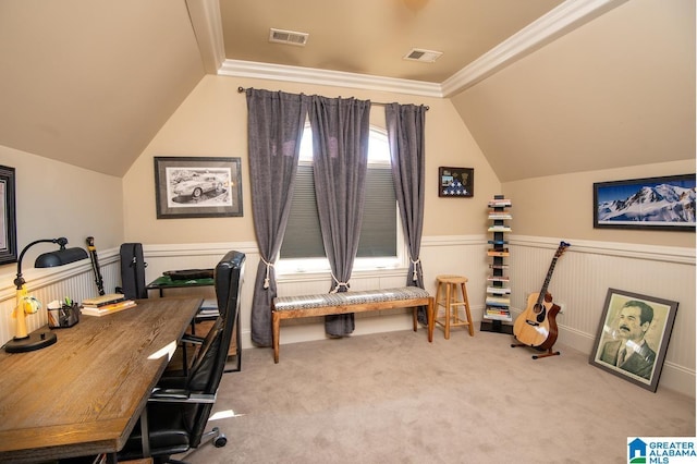 office with crown molding, light carpet, and vaulted ceiling