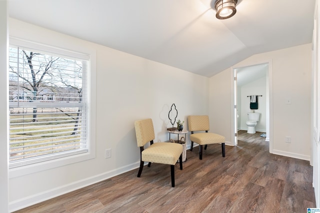 living area featuring lofted ceiling and dark hardwood / wood-style floors