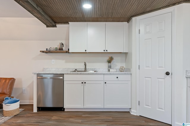 bar with sink, dark hardwood / wood-style flooring, white cabinets, and dishwasher