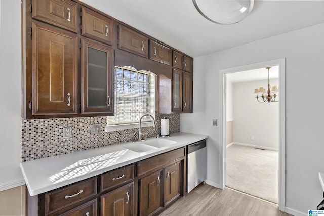 kitchen featuring decorative backsplash, sink, stainless steel dishwasher, and dark brown cabinets