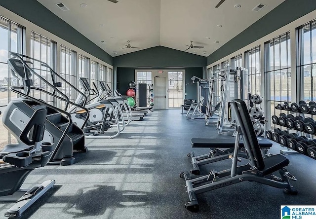 gym featuring vaulted ceiling and ceiling fan