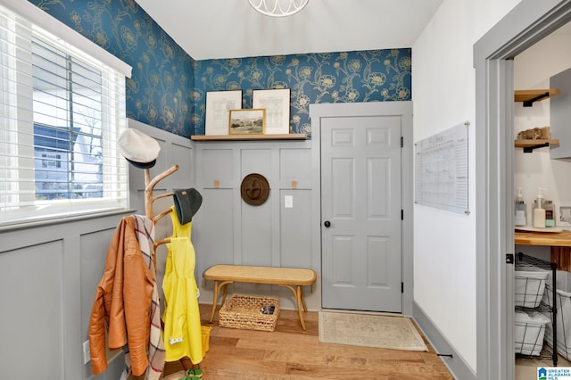 mudroom with wood-type flooring