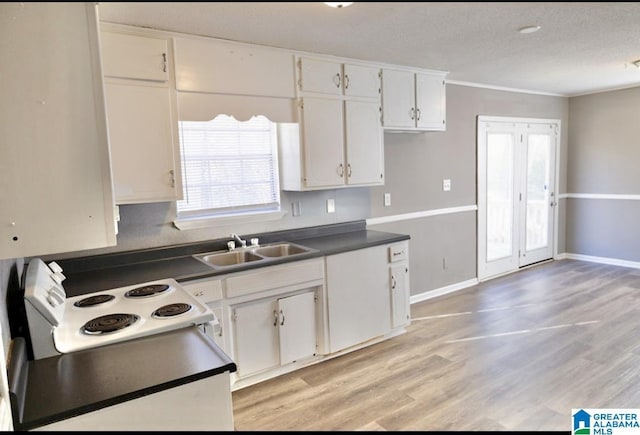 kitchen featuring a textured ceiling, white cabinets, sink, ornamental molding, and light hardwood / wood-style flooring