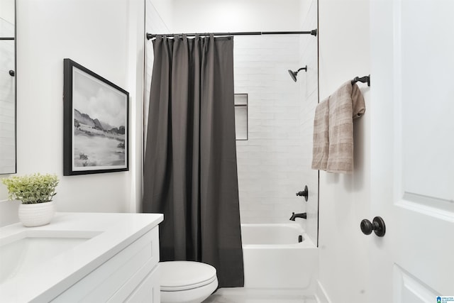 full bathroom with toilet, vanity, and shower / bath combination with curtain