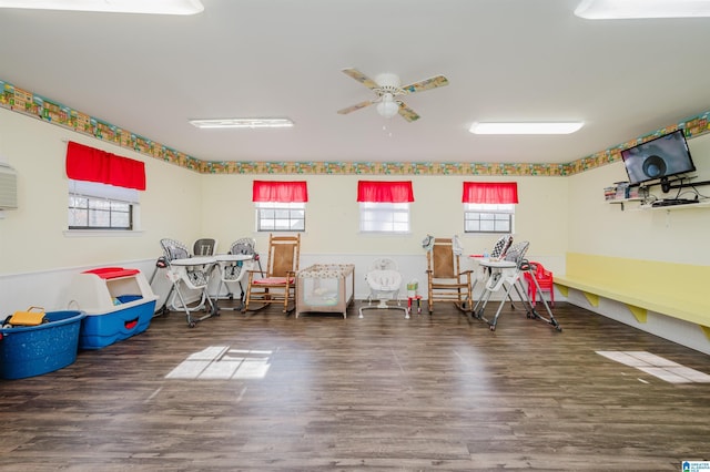 rec room featuring ceiling fan and wood-type flooring