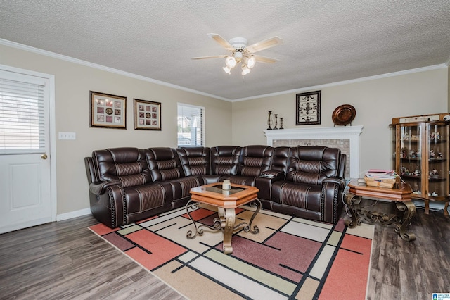 living room with wood-type flooring, crown molding, and a textured ceiling