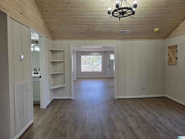 unfurnished dining area featuring built in shelves, dark hardwood / wood-style flooring, lofted ceiling, and wood ceiling