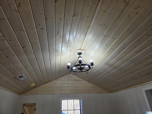 interior details featuring a chandelier, wood walls, and wood ceiling