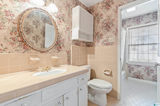 full bathroom featuring toilet, shower / tub combo, tile patterned floors, and vanity