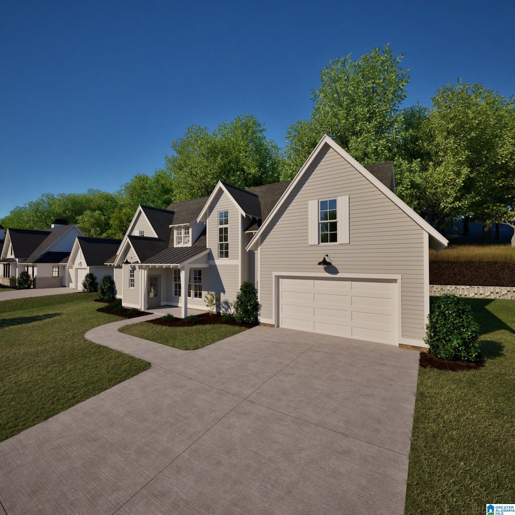 view of front of home featuring a front yard and a garage