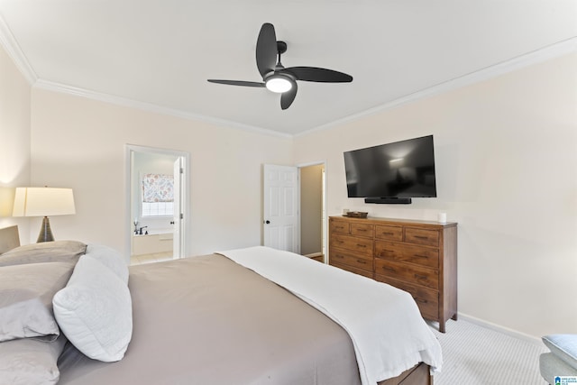 carpeted bedroom featuring crown molding, ceiling fan, and ensuite bathroom