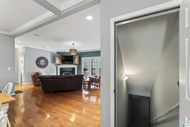 living room with wood-type flooring and crown molding