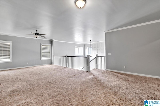 unfurnished room with ceiling fan, ornamental molding, and carpet flooring