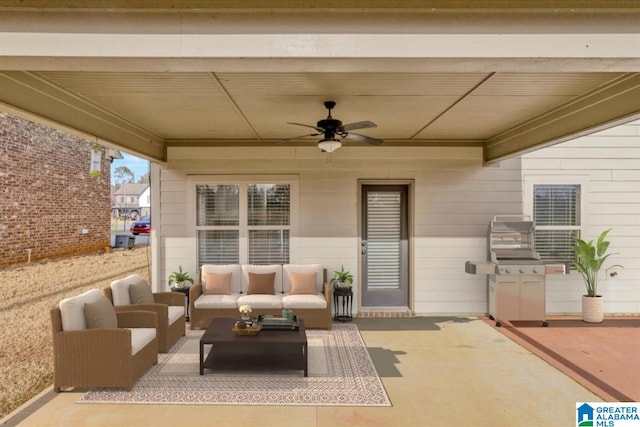 view of patio with an outdoor hangout area and ceiling fan