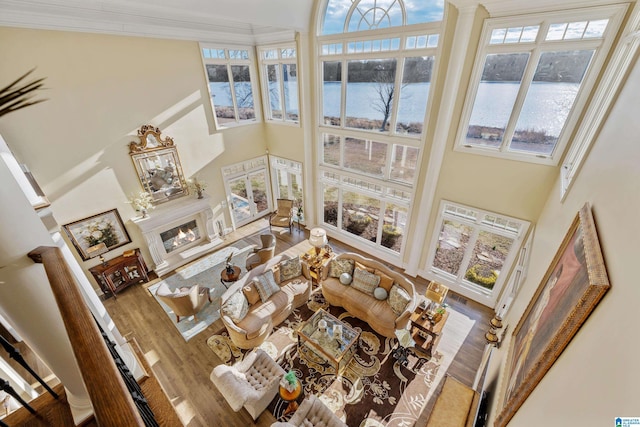 living room with a towering ceiling, plenty of natural light, hardwood / wood-style floors, and a water view