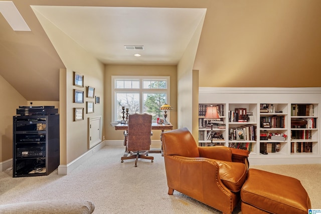 office with wine cooler and light colored carpet