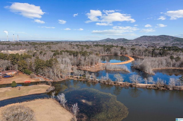 aerial view featuring a water and mountain view