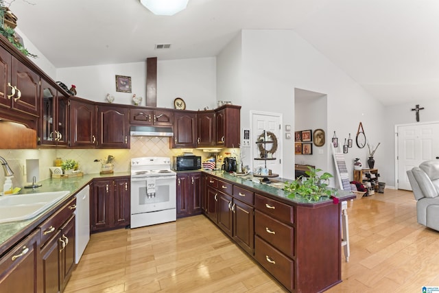 kitchen with sink, white appliances, light hardwood / wood-style flooring, and kitchen peninsula