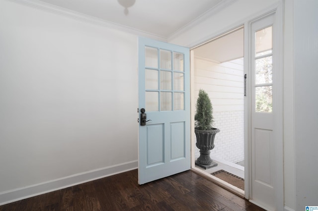 entryway featuring crown molding and dark hardwood / wood-style flooring