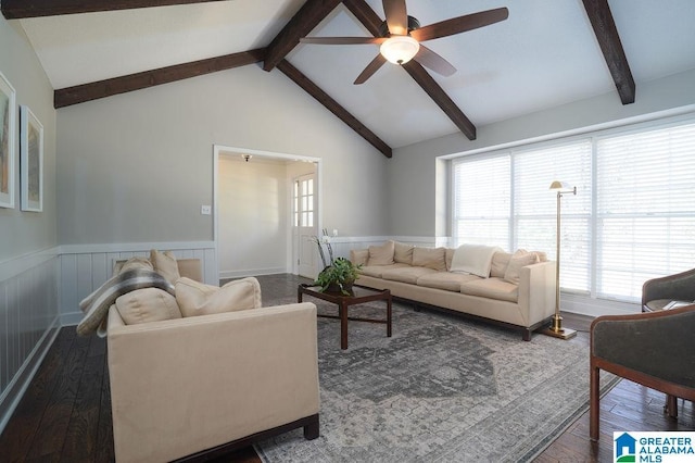 living room featuring ceiling fan, dark hardwood / wood-style flooring, and lofted ceiling with beams