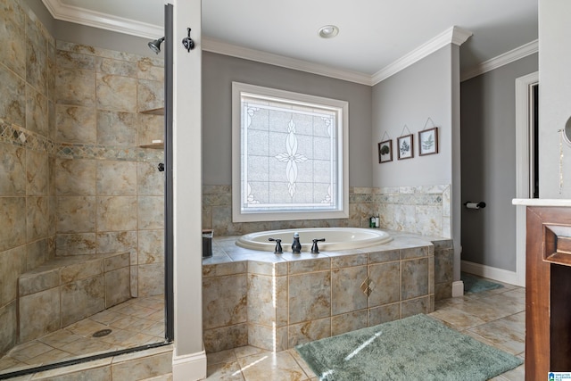 bathroom featuring tile patterned floors, ornamental molding, and shower with separate bathtub