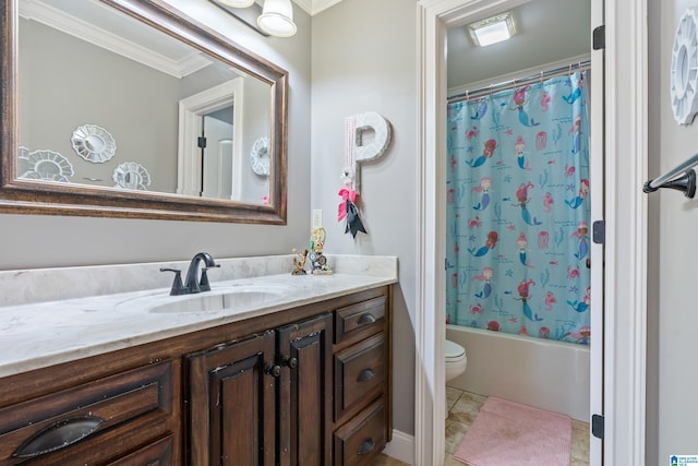 full bathroom with toilet, shower / tub combo, vanity, and ornamental molding