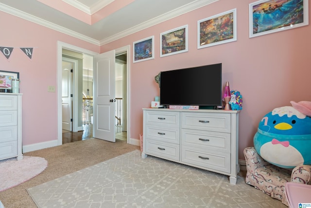 bedroom with light carpet and ornamental molding