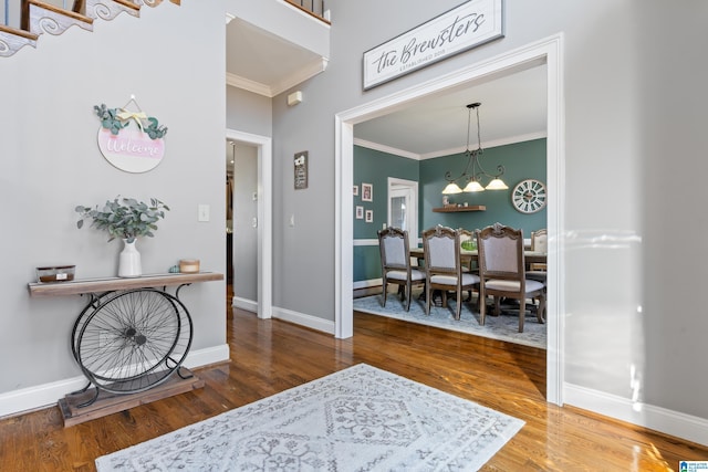 entrance foyer featuring ornamental molding and wood-type flooring