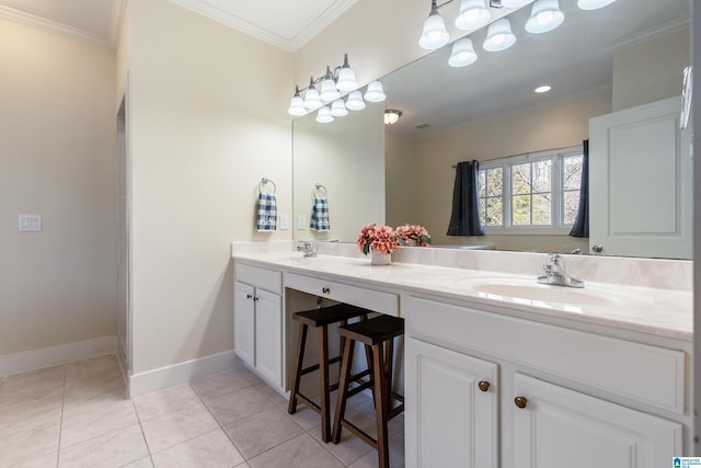 bathroom with tile patterned floors, vanity, and ornamental molding