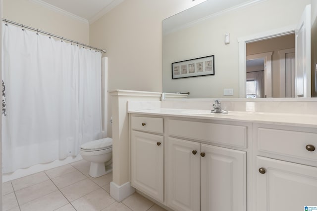 full bathroom featuring toilet, shower / tub combo with curtain, tile patterned floors, crown molding, and vanity