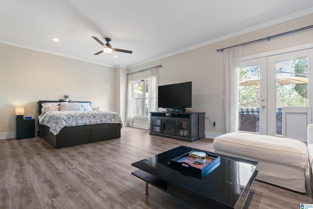 bedroom with ceiling fan, access to exterior, hardwood / wood-style floors, crown molding, and french doors