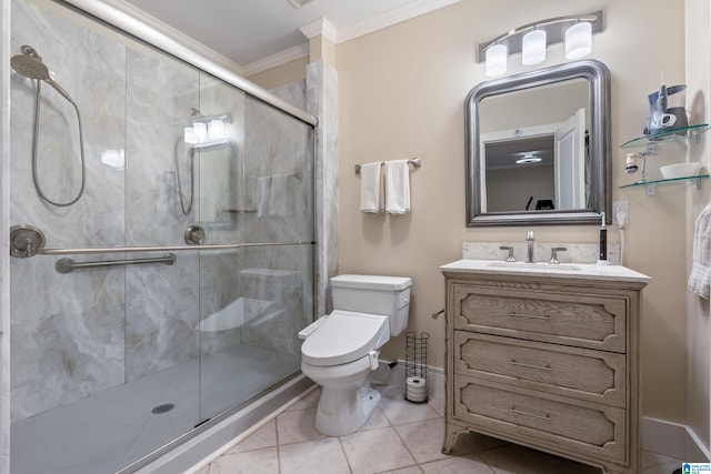 bathroom with vanity, ornamental molding, tile patterned floors, and a shower with door