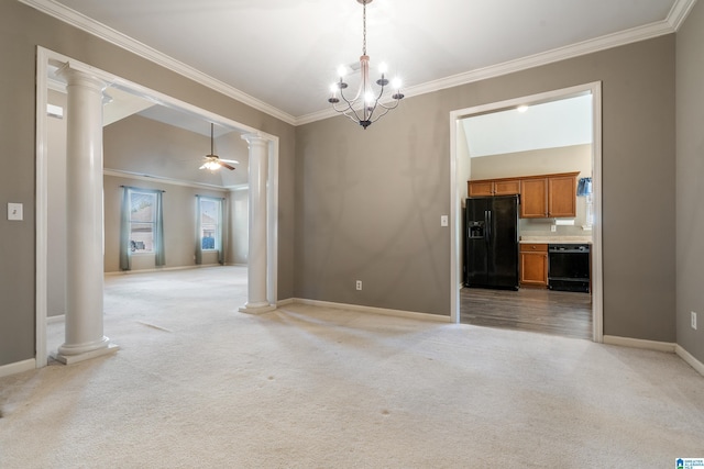 spare room with crown molding, ceiling fan with notable chandelier, light carpet, and ornate columns