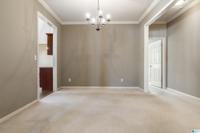 carpeted empty room featuring an inviting chandelier and ornamental molding