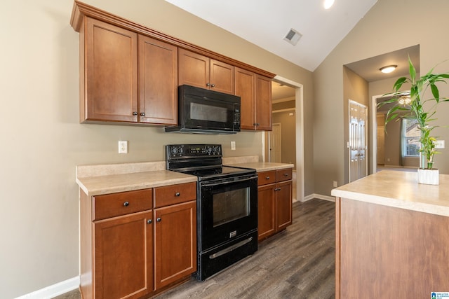 kitchen with vaulted ceiling, dark wood-type flooring, and black appliances