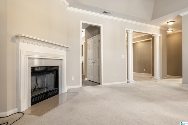 carpeted living room with ornamental molding, lofted ceiling, and ornate columns