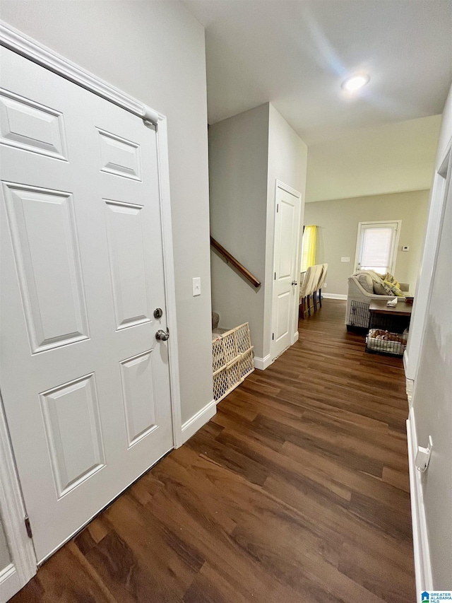 hall with dark hardwood / wood-style flooring