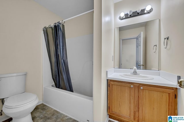 full bathroom featuring toilet, vanity, and shower / bathtub combination with curtain