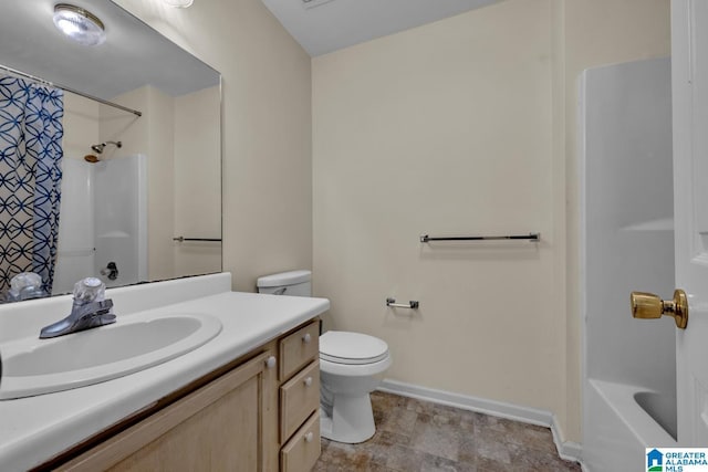 full bathroom featuring toilet, shower / bath combination with curtain, and vanity