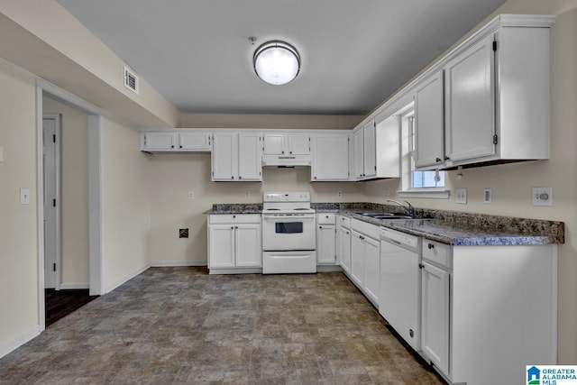 kitchen with sink, white cabinets, and white appliances