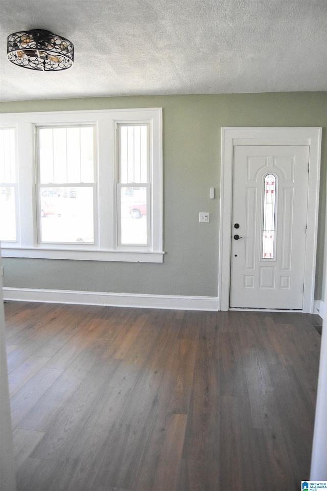 entryway featuring a textured ceiling, a healthy amount of sunlight, and dark hardwood / wood-style floors