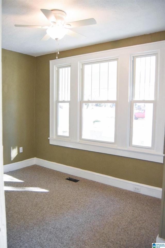 spare room featuring ceiling fan and carpet flooring