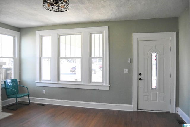 entrance foyer featuring dark wood-type flooring, plenty of natural light, and a textured ceiling