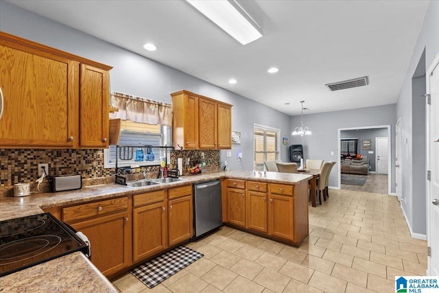 kitchen featuring decorative light fixtures, sink, backsplash, a chandelier, and stainless steel dishwasher