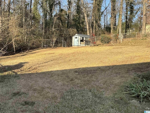 view of yard with a shed, fence, and an outdoor structure