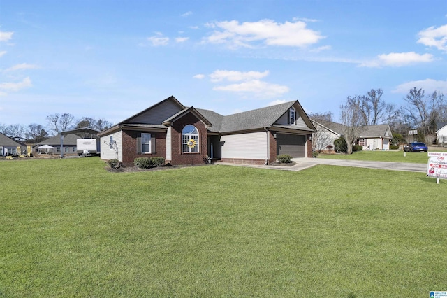 single story home featuring a garage and a front yard